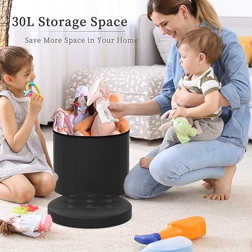 Miniatura 3 de Otomana plegable redonda de almacenamiento de 15 pulgadas, taburete de pie con asiento acolchado de espuma más gruesa, banco otomano de