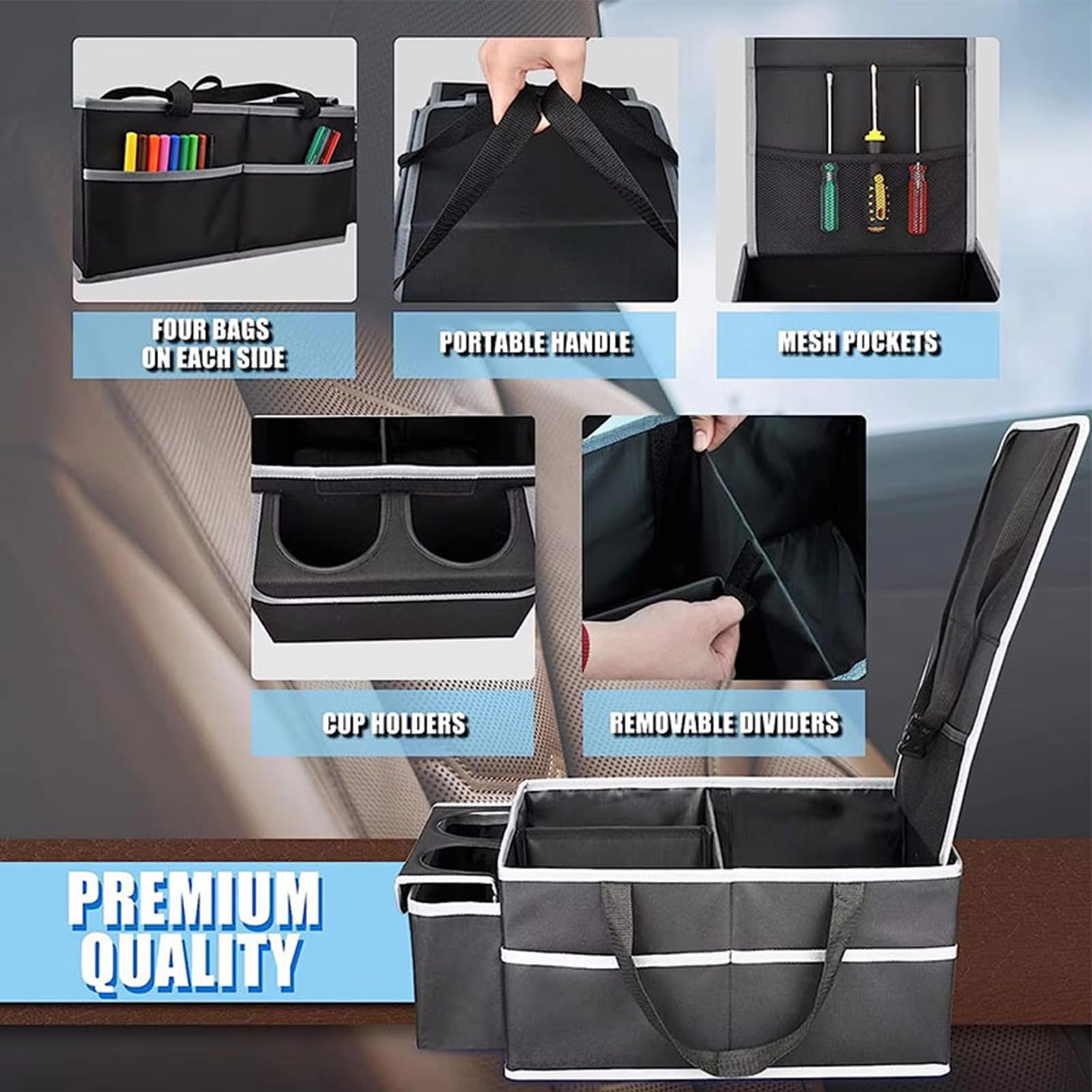 Organizer Da Sedile Passeggero Auto Molteplici Scomparti, Portabicchiere | Organizer Per Bagagliaio Auto Design Pieghevole Per Bagagliaio, Camion, Campeggio, Viaggio, Carico, Attrezzi, Interni
