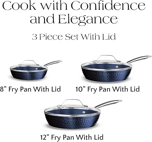 Miniatura 5 de OrGREENiC Blue Hammered Cookware Collection  Juego de 3 piezas con tapas  Cerámica antiadherente para calefacción uniforme  Seguro para
