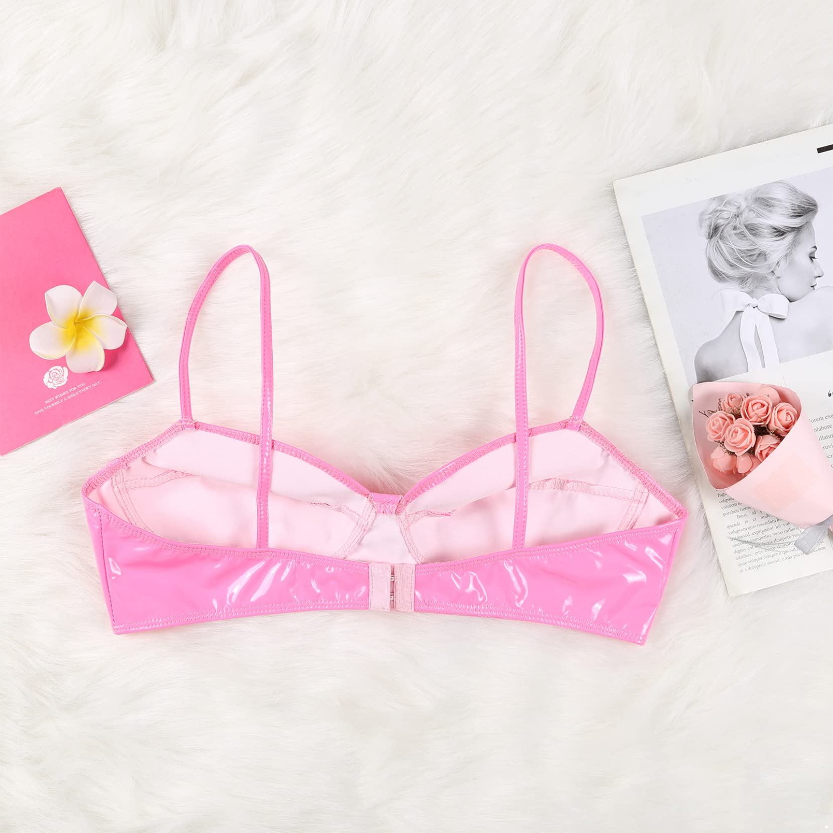 Yartina Women's Patent Leather Wet Look Bra Top Wireless Bralette Crop Top Lingerie Party Clubwear: Small Pink