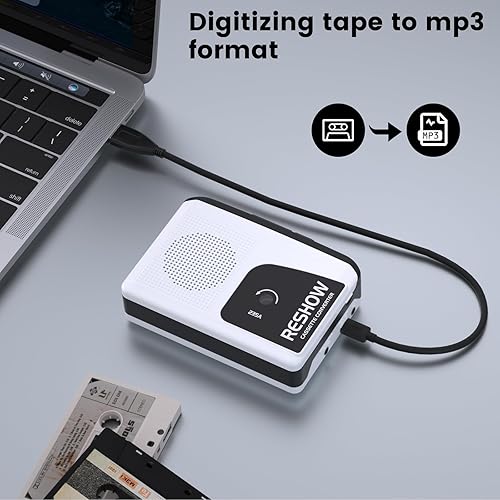 Miniatura 5 de Reshow Grabador de cassette, convertidor de cassette portátil a MP3 con USB-C, altavoz incorporado, convertidor de cinta de audio a digital,