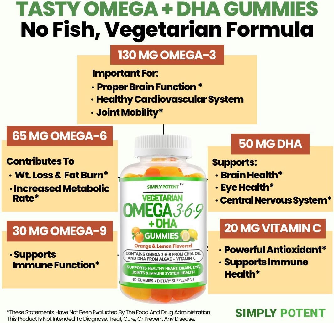Omega 3 Gummies, Fish Oil Free Vegan Omega 3 6 9 + DHA, Chia Seed & Algae Based Omega 3 Supplement for Men Women & Kids for Brain Heart Joint Eye & Immune Health, 60 Orange & Lemon Flavor Gummies : Health & Household