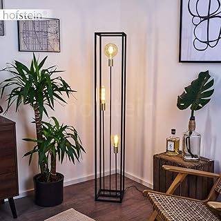 Lámpara de pie Woden, lámpara de pie de metal en colores negro y latón, lámpara de pie de aspecto industrial de 3 luces con efecto luminoso, 3 x E27, interruptor de pie en el cable, sin bombilla(s)