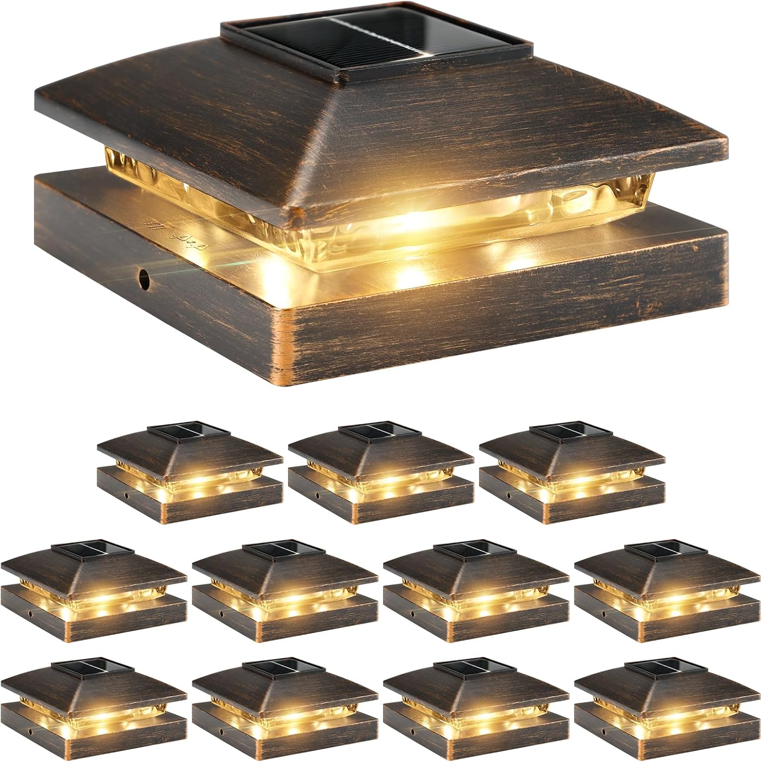 Solar Post Cap Lights Outdoor 12pack, Waterproof Solar Powered Deck Fence Post Lights Fit 4x4 Wood/Vinyl Posts, Bright Warm White Solar Post Lights Decorate Deck, Patio, Porch, Fence(Copper)