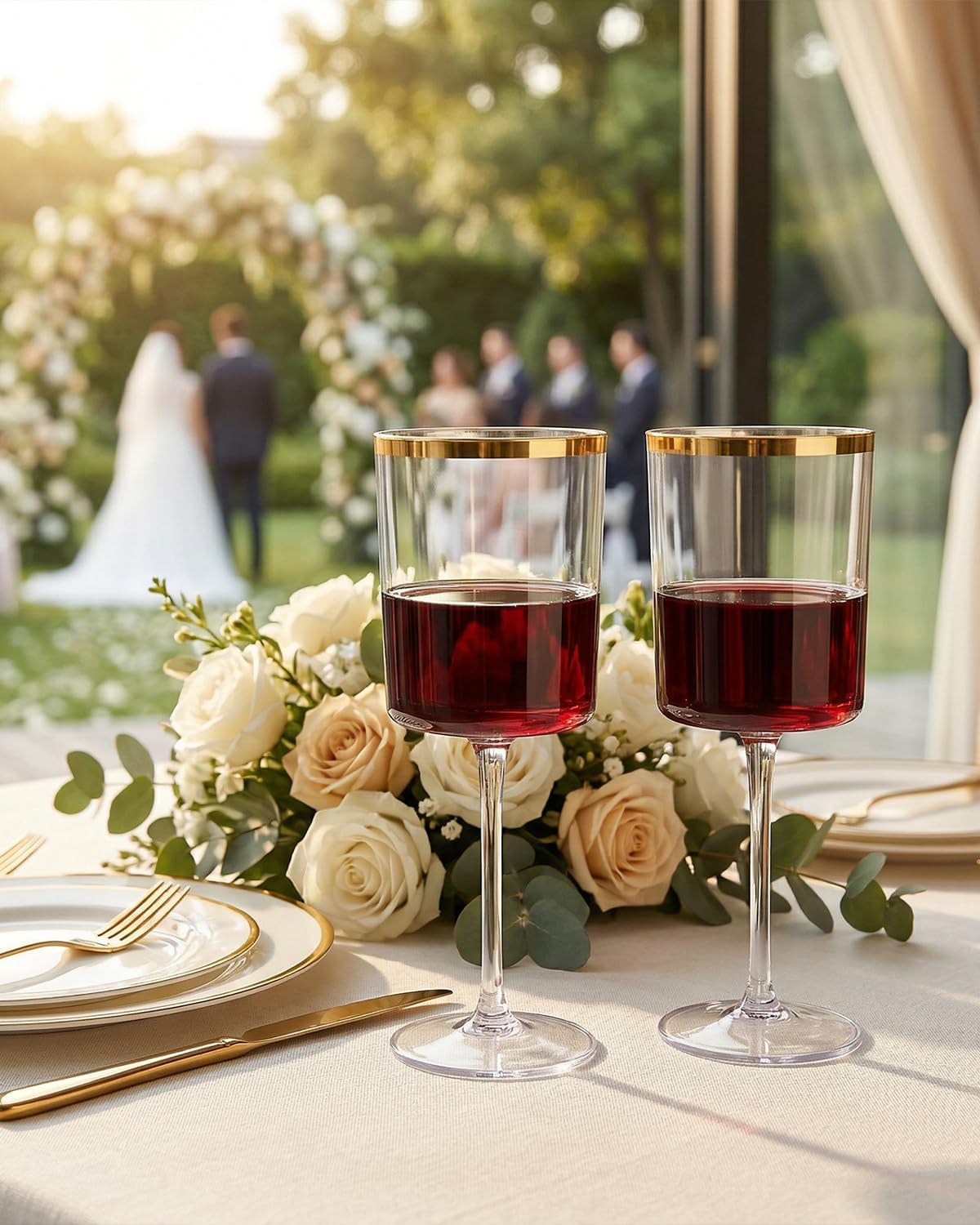 Ciaell 12 Pack Plastic Wine Glasses - 10 Oz Plastic Wine Glasses with Stem - Gold Rim Disposable Cups for Parties & Weddings & Poolside & Toasting & Outdoors