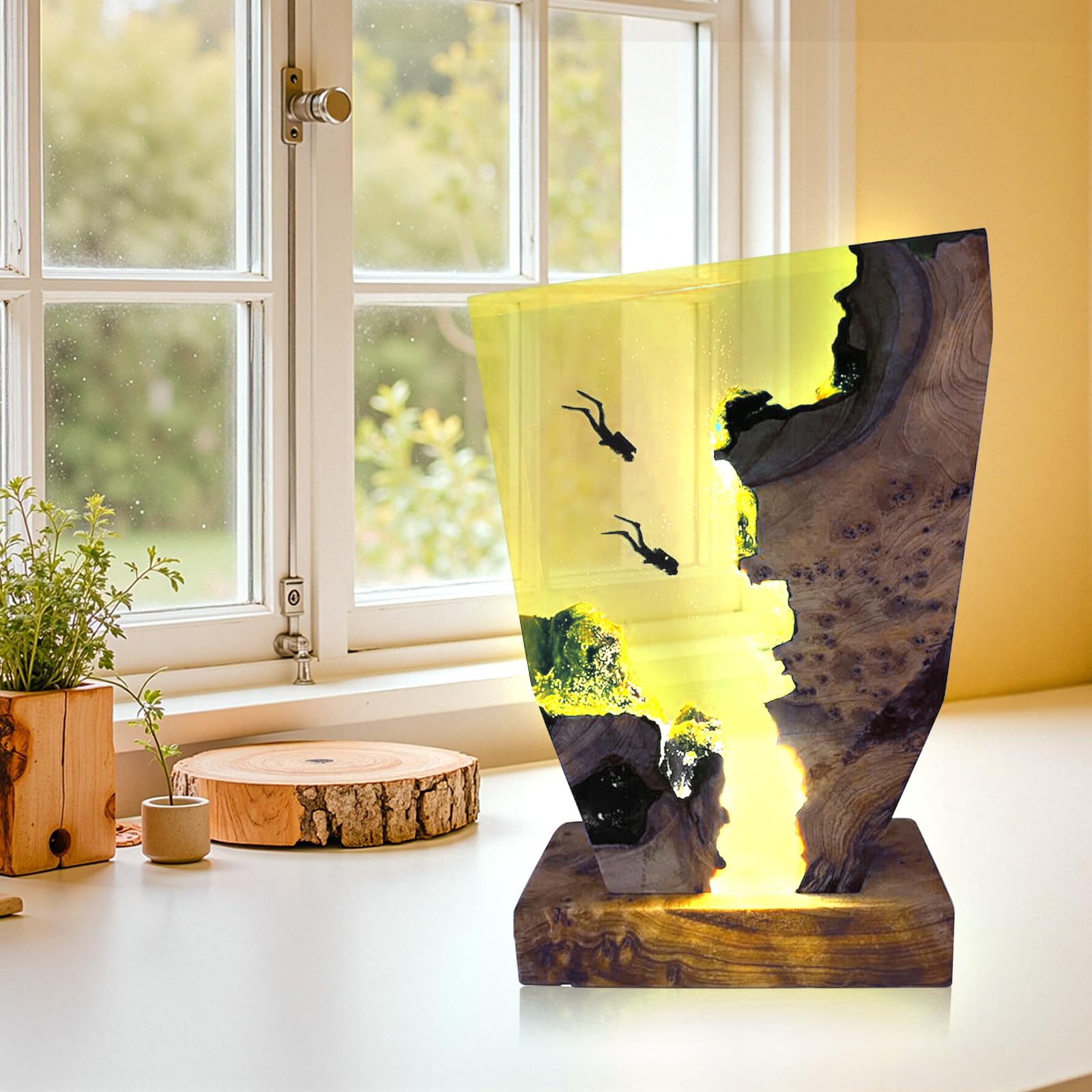 Lámpara de resina oceánica 3D, lámpara de mesa hecha a mano de madera y resina, objetos de arte con conexión USB para decoración del hogar y la oficina, idea de regalo para buzos para cumpleaños o