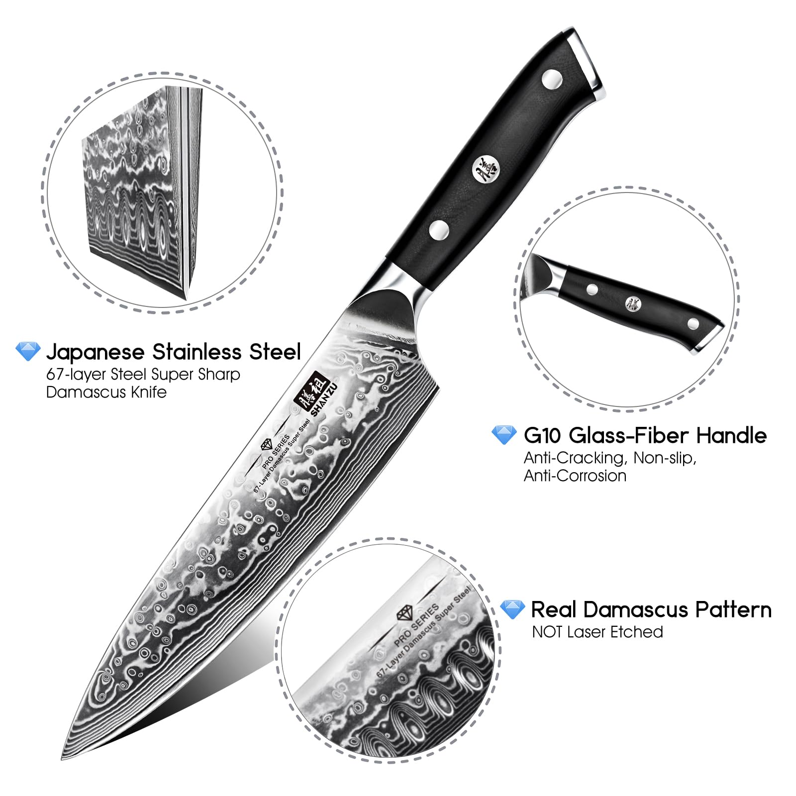 SHAN ZU Damastmesser Kochmesser 67 Schichten Damaststahl Küchenmesser mit G10 Griff 20CM - PRO Series