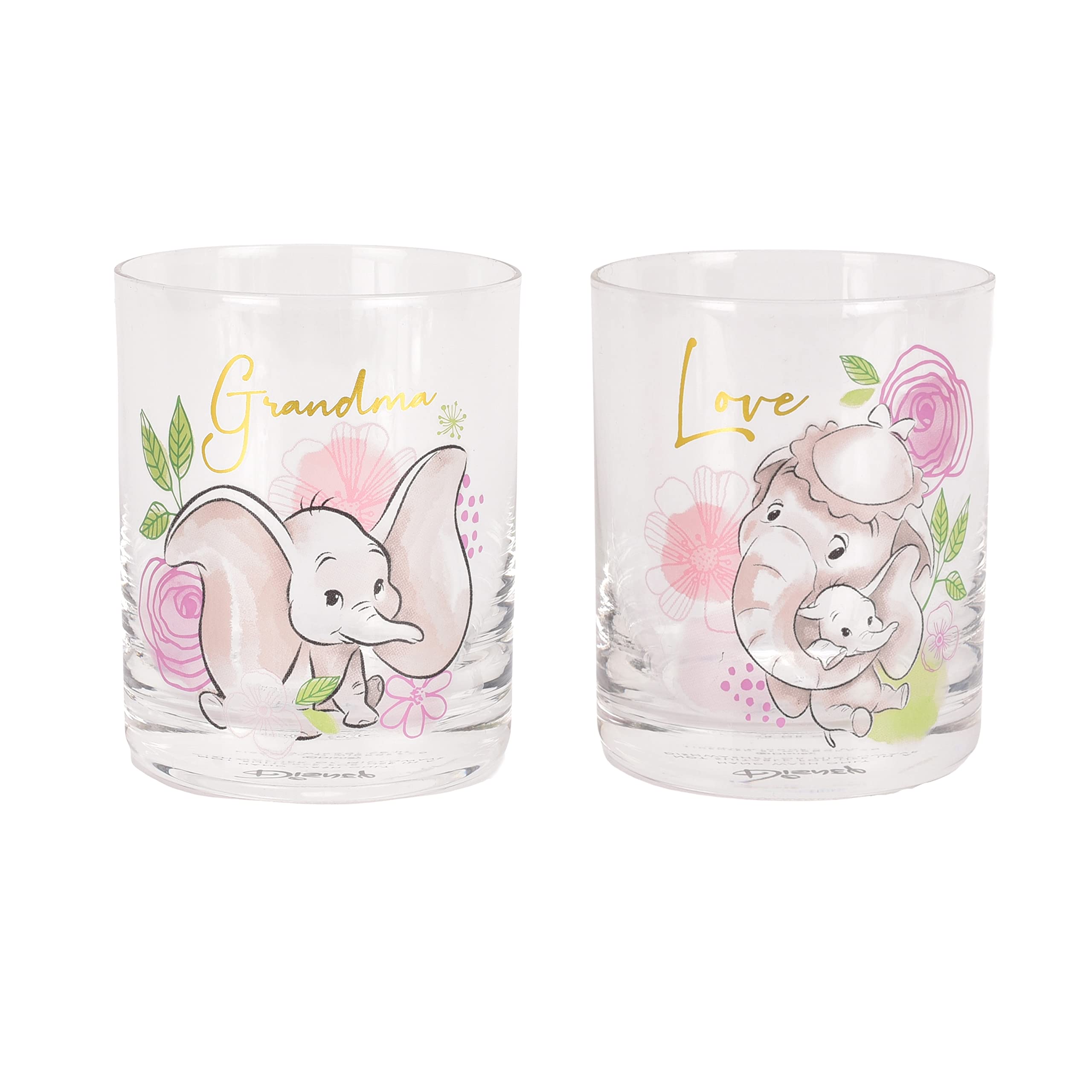Happy HomewaresSet of 2 Classic Collectible Dumbo Glasses Giftware with Pink Purple and Green Watercolor Designs - Love Grandma - Officially Licensed