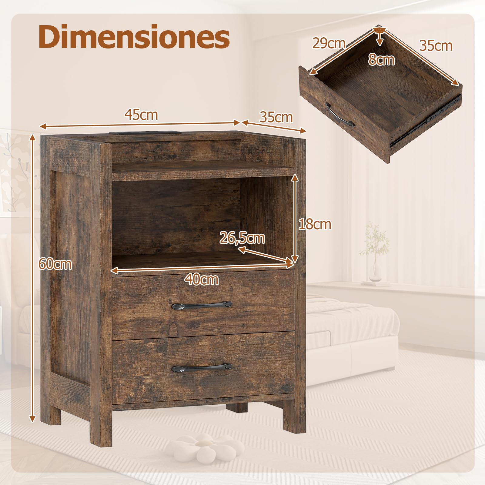 COSTWAY 1/2 Mesita de Noche con Luces LED RGB y Enchufes, Mesillas de Noche con 2 Cajones y Estante Abierto, Mesa Auxiliar Madera Inteligente Sofá Salon Dormitorio, 45 x 35 x 60 cm (2, café)