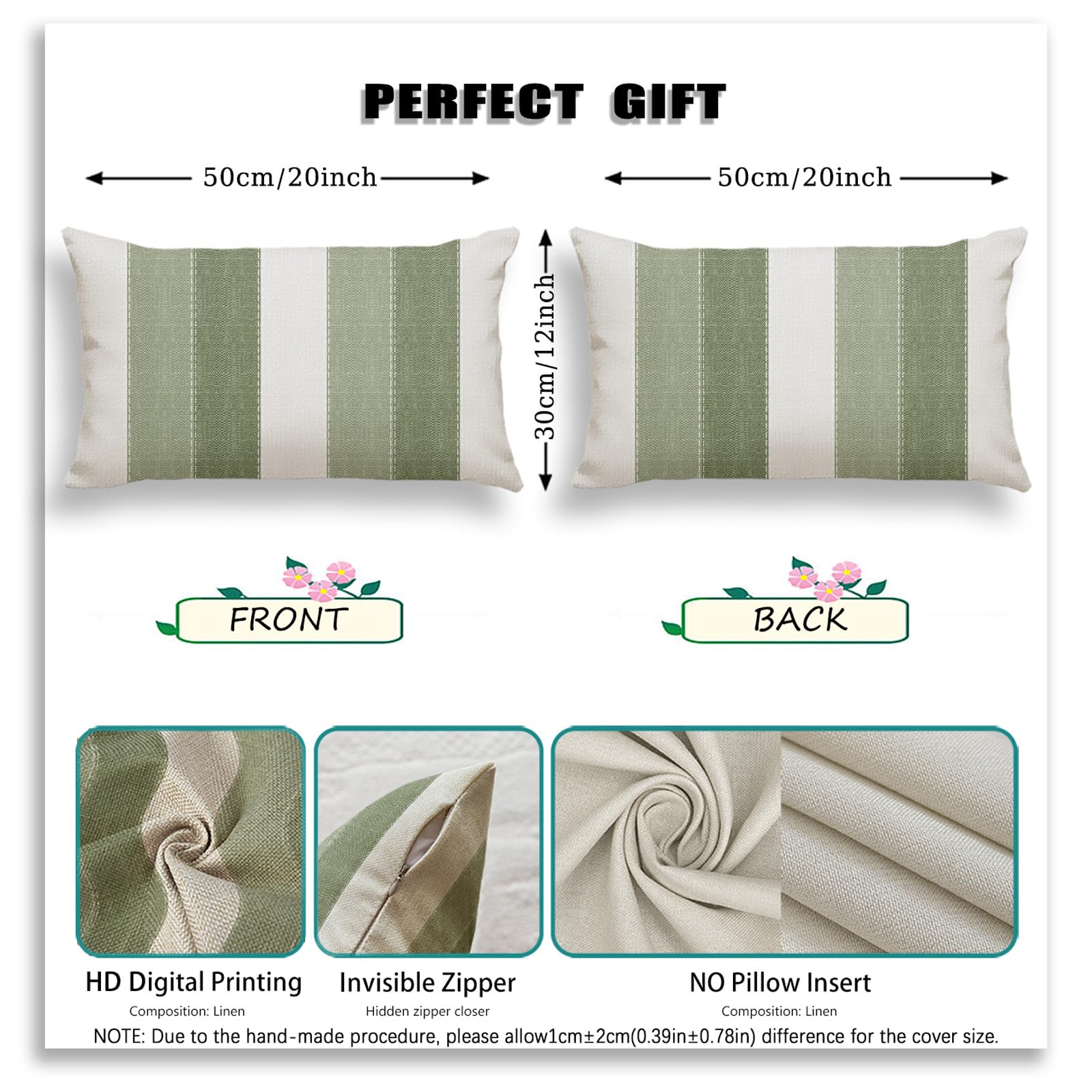 Juego de 2 Rayas Funda de Cojíns Decorativas 30 x 50 Moderna Blanco Funda de Almohada Verde Salvia Lino Cojine Decorativas Retro para Sofá Primavera Verano Exterior Jardin Patio