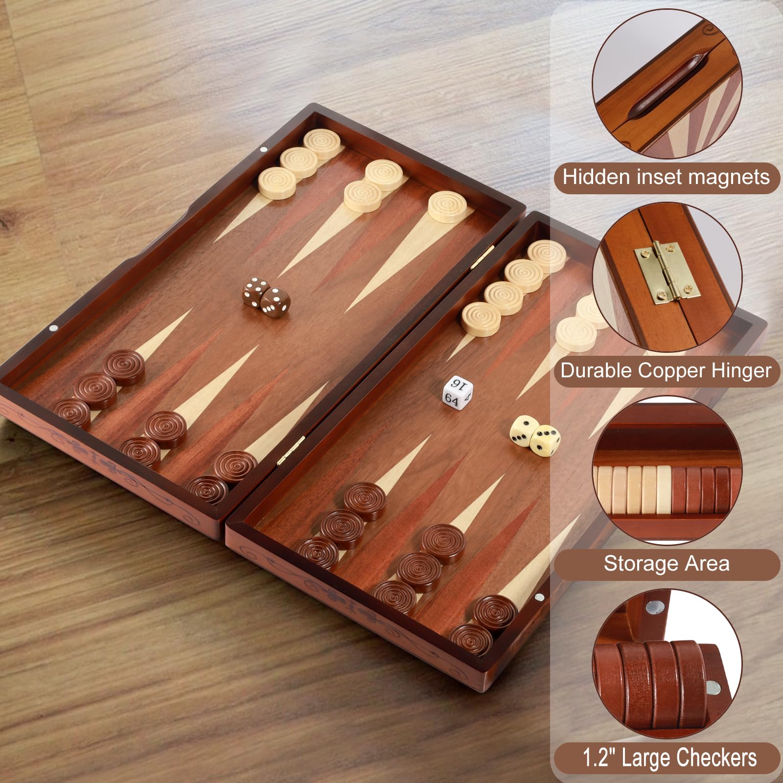 Lussuoso set da backgammon in legno fatto a mano - grande tavola da viaggio pieghevole da 16'' (40,6 cm) con pezzi di grandi dimensioni e scatola portaoggetti, gioco di strategia premium per due