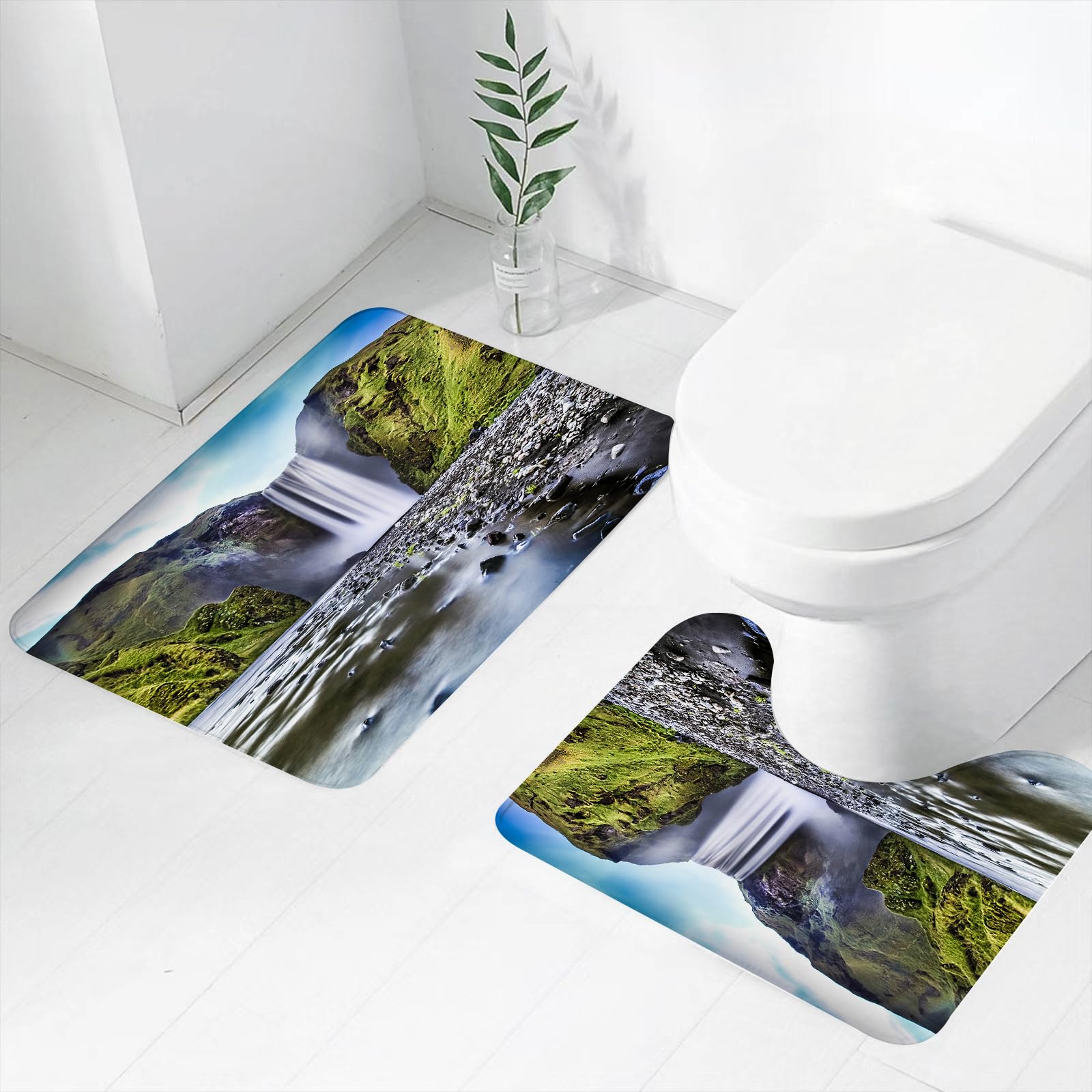 Set di 2 tappetini da Bagno, Lavabili in Lavatrice e Antiscivolo, tappetini Morbidi in Fibra Superfine, Cascata, Cascata di Skogafoss in Islanda, Fiume roccioso e H