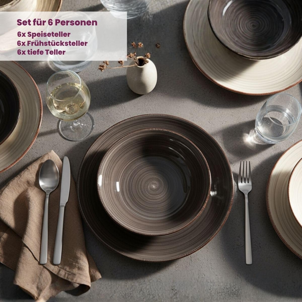 Cookinglife Geschirrset Grau 18-teilig für 6 Personen – Modernes Tafelservice aus Steingut & Keramik – Tellerset mit 6 Speisetellern, 6 tiefen Suppentellern & 6 Frühstückstellern – Spülmaschinenfest