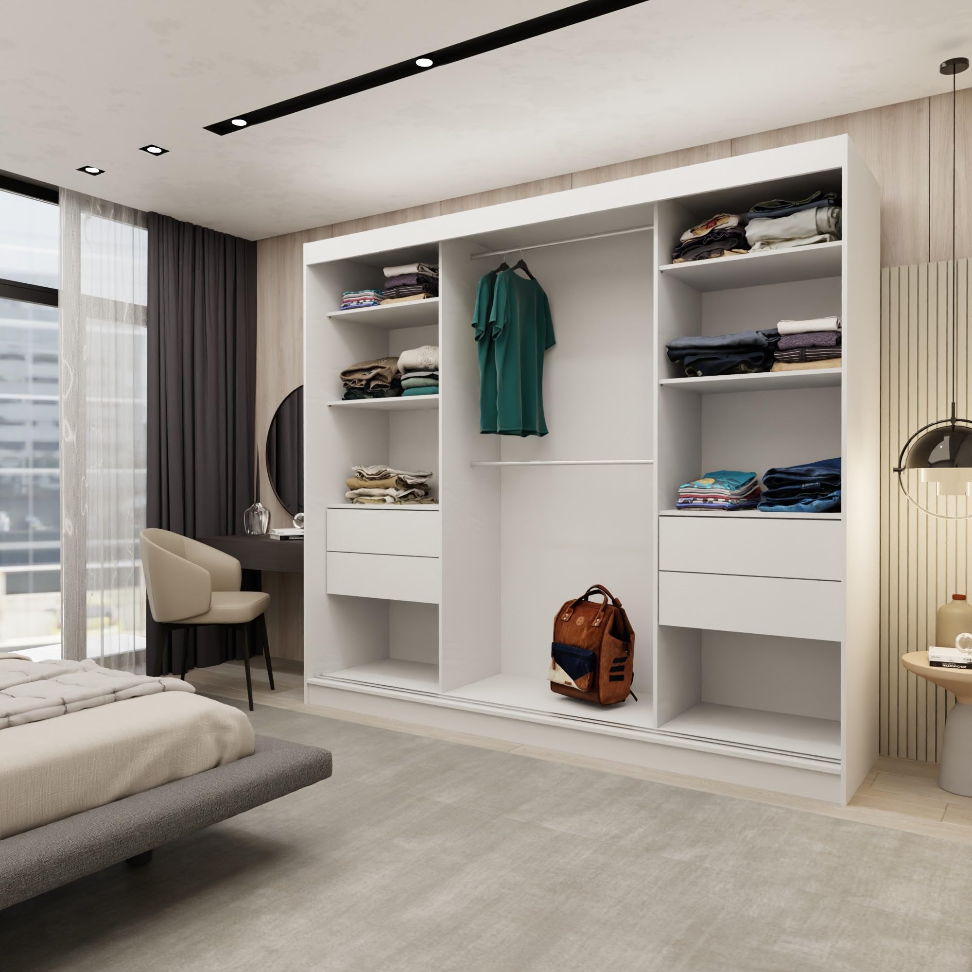 Kleiderschrank Vex mit Spiegel, Organizer, Mehrzweckschrank, Schwebetürenschrank, Garderobenschrank, Kleiderstange, Kleiderständer, Flurschrank, 3-türig, Schrank, weiß, 240 cm