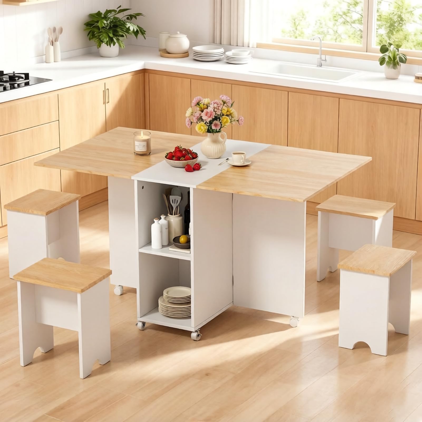 Warmiehomy Wooden Foldable Dining Table and Chairs Set 4, Drop Leaf Table and Chairs Set 4, Folding Table with Storage Shelf and 4 Chairs for Kitchen, Dining Room, Living Room(White & Wood)
