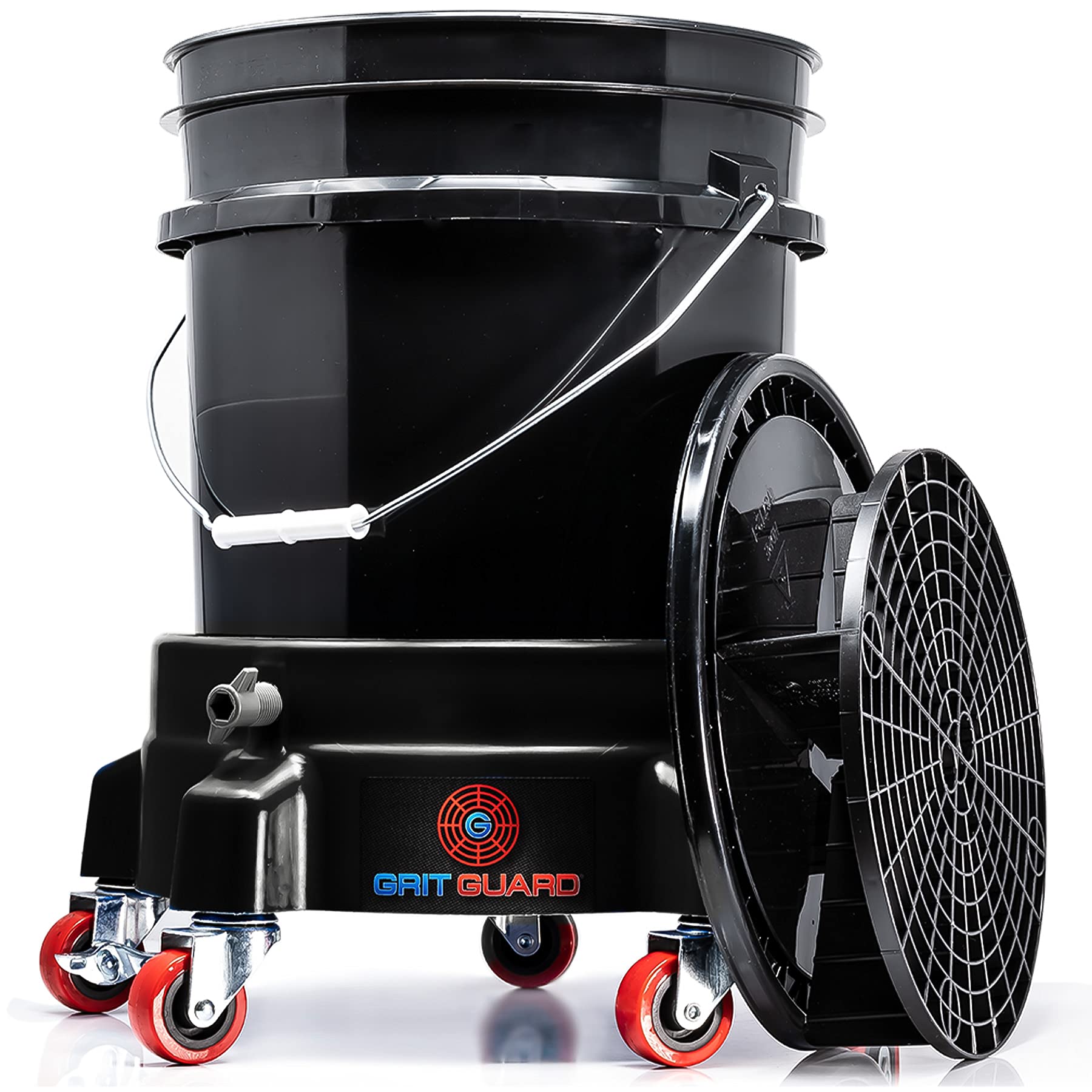 detailmateBlack & White Set GritGuard Wash Bucket 20 Litres/5GAL + Dirt Strainer + Lid + Bucket Trolley Black Accessories for Professional Car Hand Wash Car Wash Motorcycle Wash Car Care