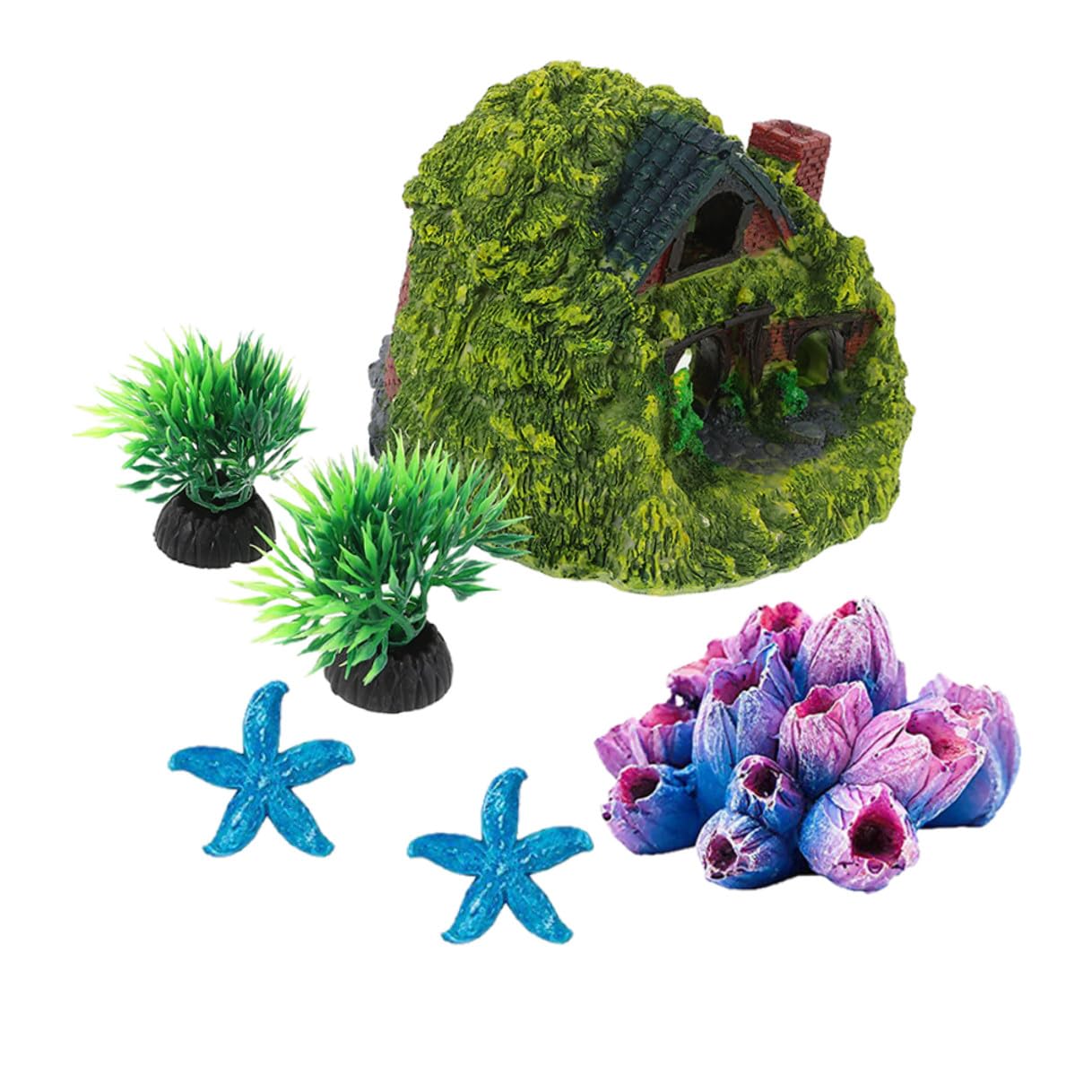 Toyvian Aquarium Fish and Shrimp Hiding House Set Resin Double-Layer Hobbit Small Cave with Coral Ornaments Fish Tank