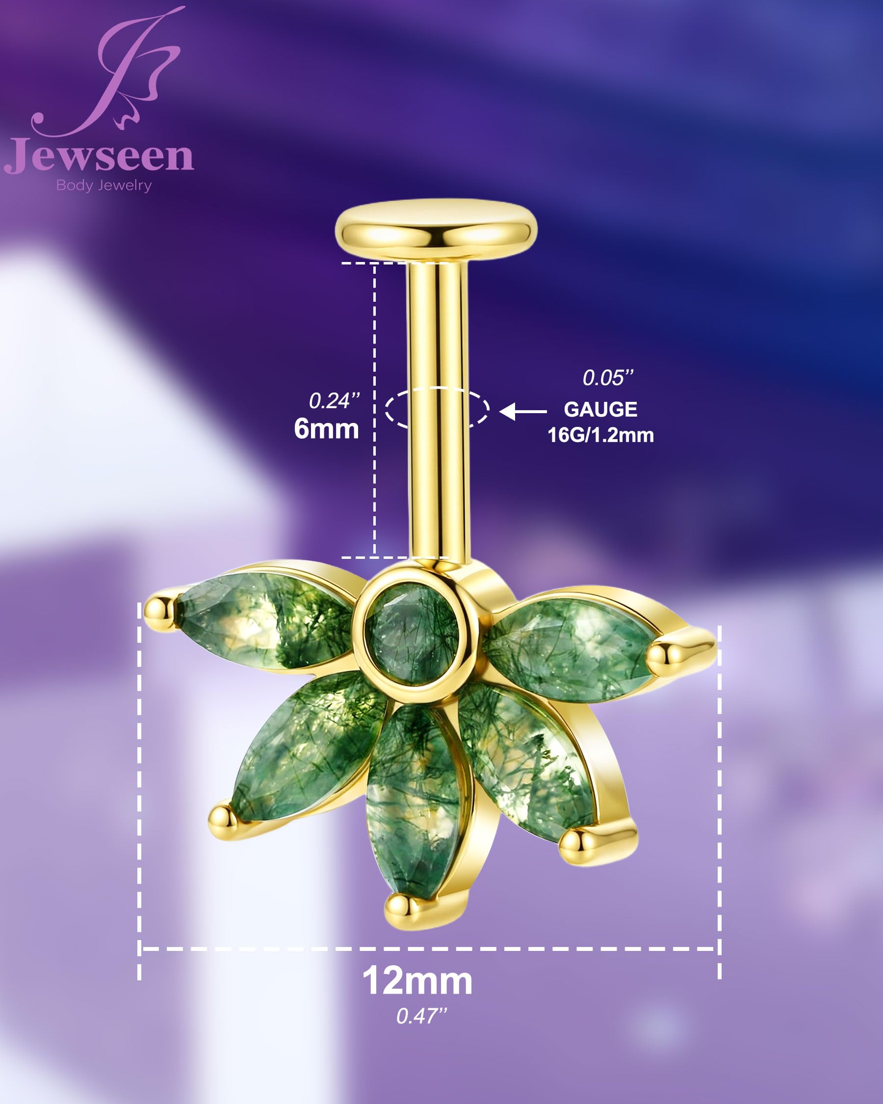 Jewseen Pendiente vertical oculto en forma de hélice, ágata, parte trasera plana, flor, cartílago, plata de ley 925, aretes de trago con rosca interna, joyería de 16 g, 6 mm