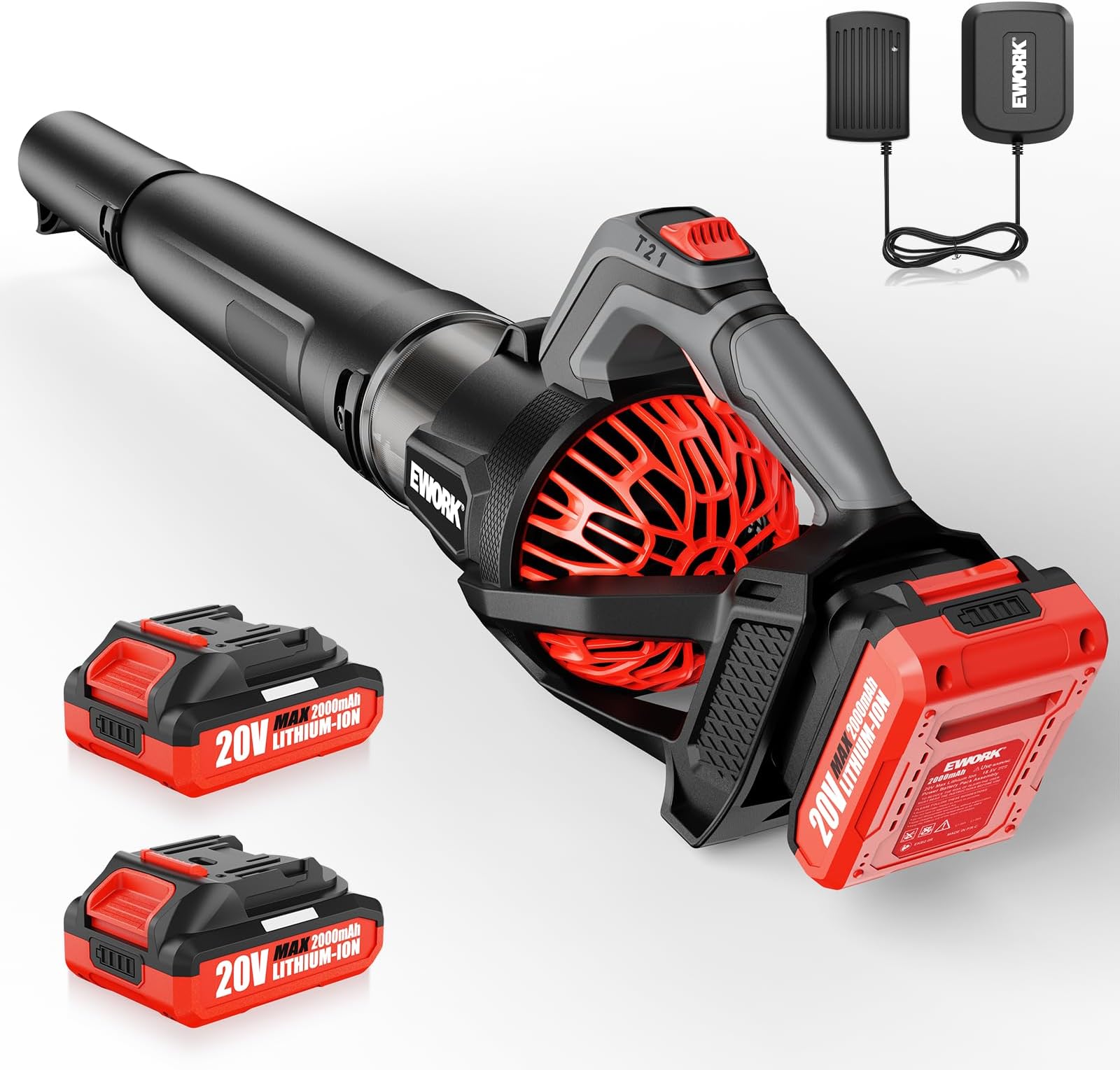 EWORK Cordless Leaf Blower with Battery and Charger 550 CFM Lightweight Electric Blower, 20V 3-Speed Modes, Powerful Blower for Lawn Care, Garden, Red