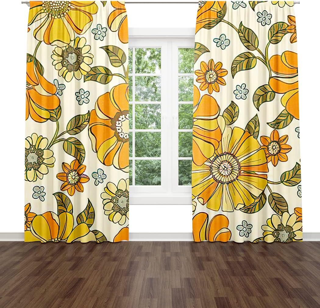 Daisy Flower Pattern Window Drapes Curtain Colorful Large Floral Retro 70S Style Rod Pocket Drapes Curtain for Living Room Home Decor 52x63 Inches 2 Panels