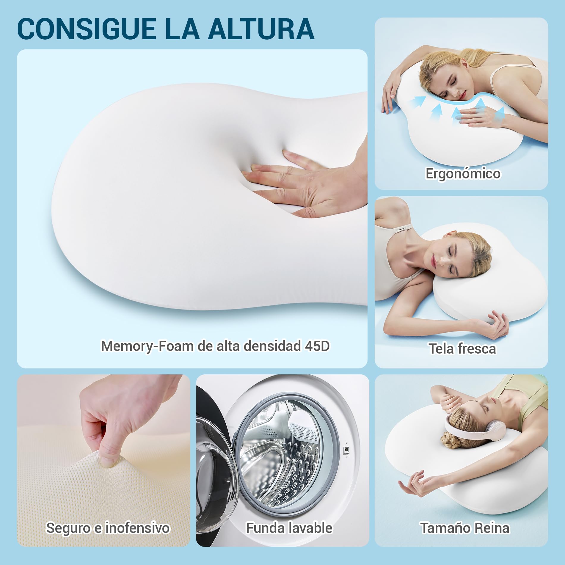 AIRSKY Almohada Viscoelastica, Almohadas Ergonómico Cervicales y Cuello Refrescante para Dormir de Lado y Boca Arriba o Boca Abajo, 68 x 40 x 10/11.5cm (Blanco Puro)