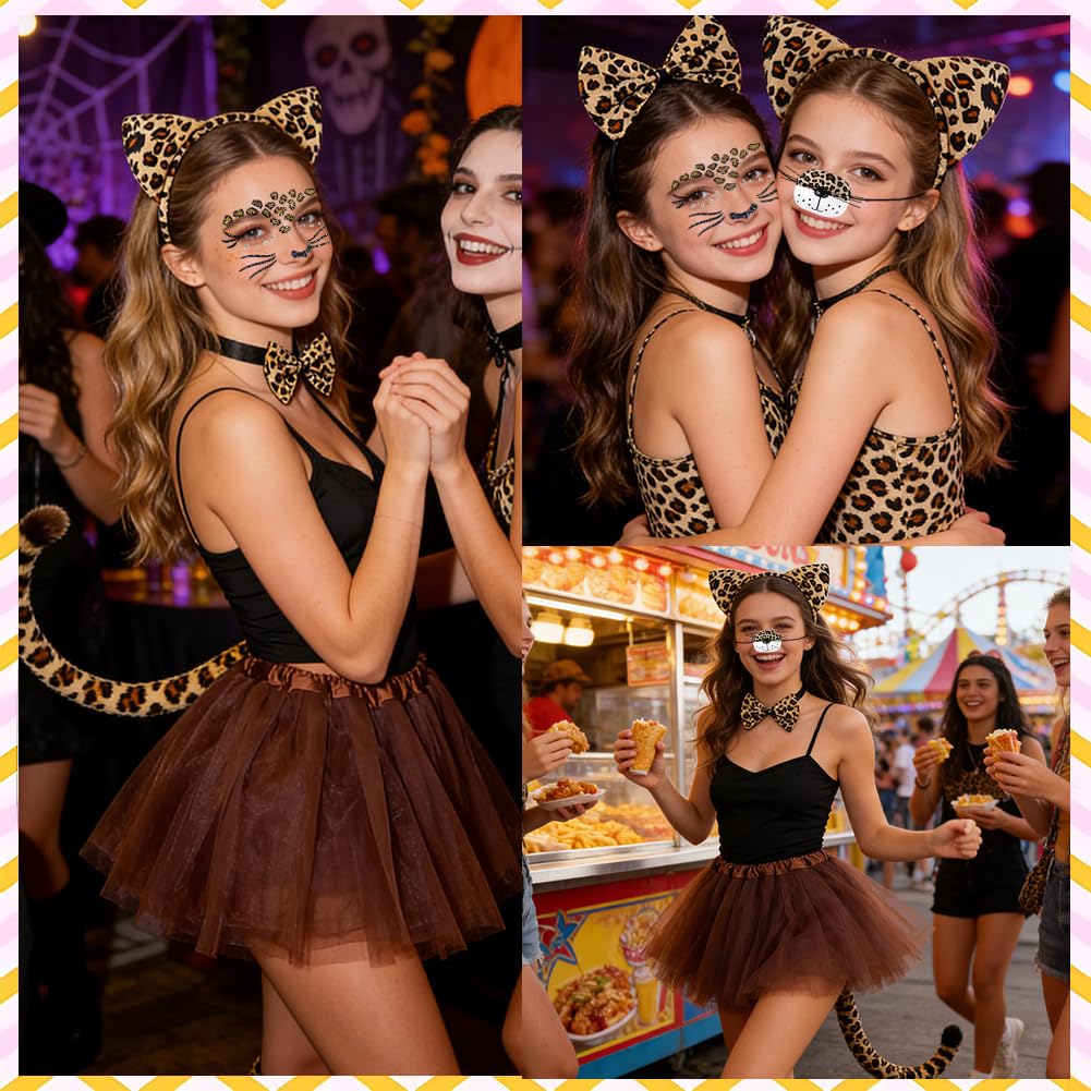 VorErgyllic Leopard Print Costume Set Leopard Ear Headband Tail,Bow Tie Tutu Skirt,Face Tattoo Stickers for Girls Women Carnival Cosplay Christmas Halloween Animal Party Dress (BROWN 2) - Image 4