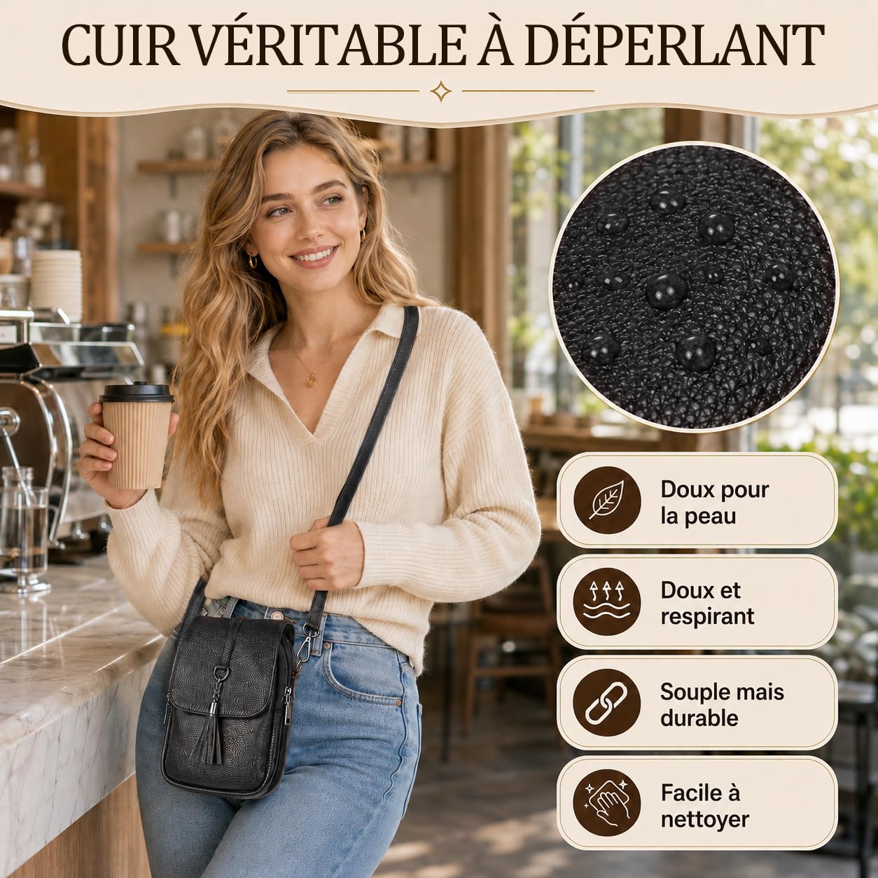 Sac Bandoulière Femme Cuir Véritable avec Protection RFID, Pochette Téléphone Portable Antivol & Élégant — Livré avec Deux Bandoulières