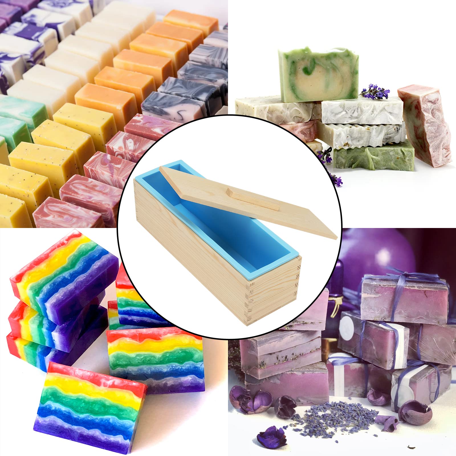 3 Set 1,2 l Silikon-Seifenformen, rechteckig, mit Holzboxen und Deckeln, flexible Seifenformen für Seifenherstellung, DIY hausgemachte Seife, Handwerk, Blau