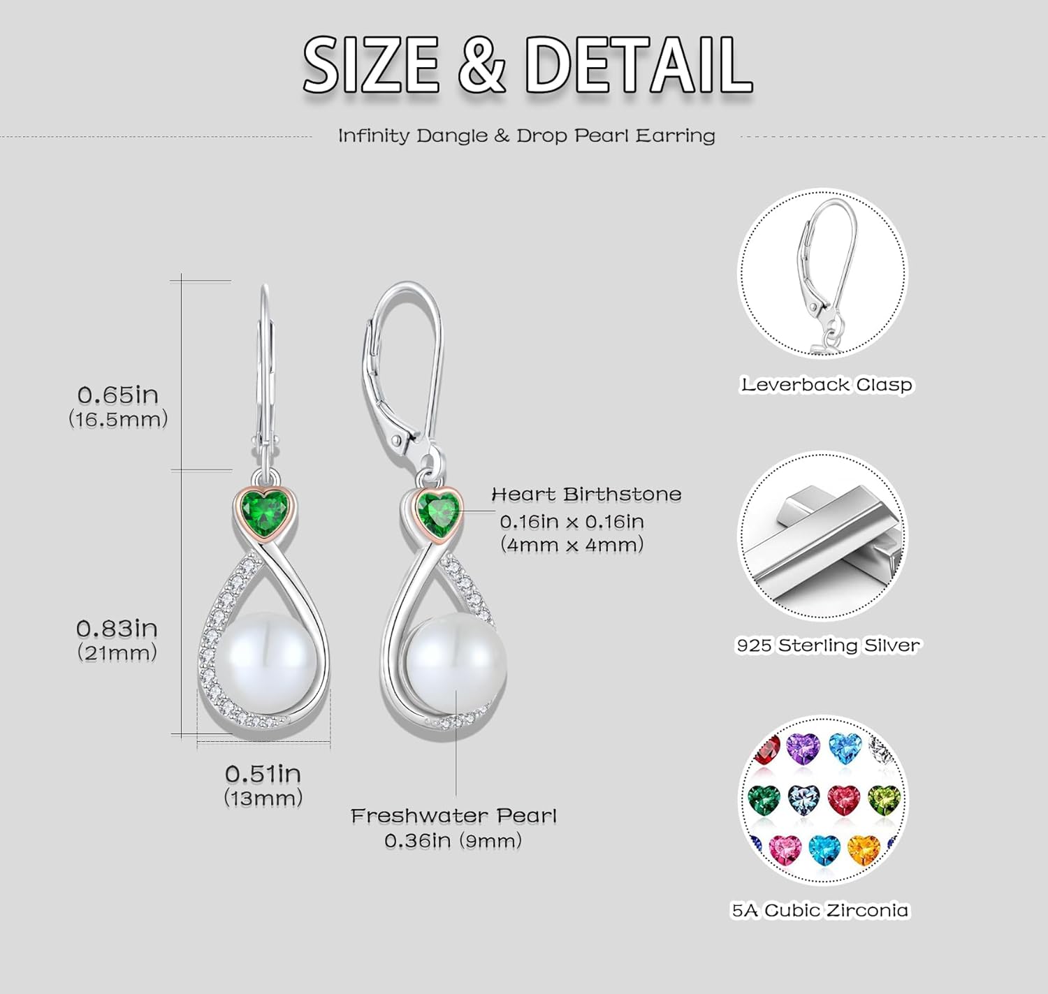 Heart Birthstone Pearl Earrings, 925 Sterling Silver Infinity Dangle Drop Leverback Earrings, 9mm Freshwater Cultured Pearl & 4mm Gemstone Jewelry Valentine's Day Gift for Women - Image 6