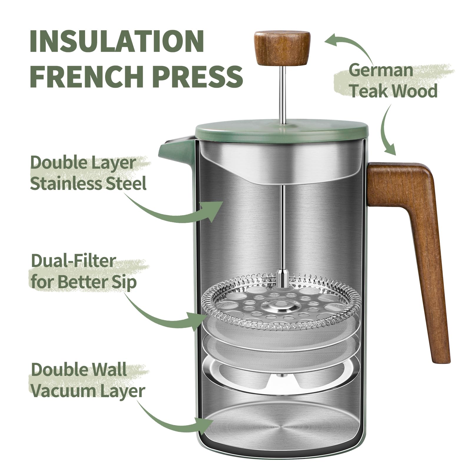 shoxil French Press Coffee Maker, 34oz Stainless Steel Green Coffee Press Real Wood Handle, Double Wall Insulated French Coffee Press with Dual-Filter Screen, Perfect for Camping & Kitchen Use