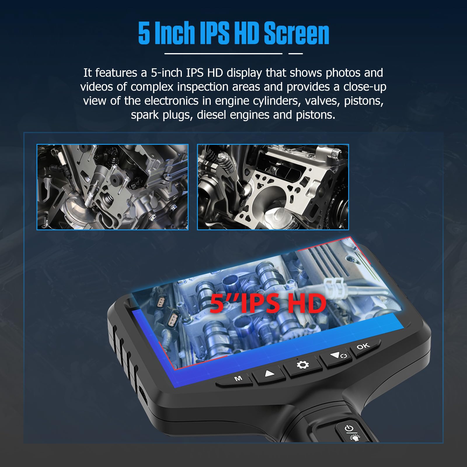 MRCARTOOL Endoscopio Industrial para Móvil 2MP Cámara de Inspección con Luz, Bidireccional Sonda de 210° Giratorio, Pantalla LCD IPS de 5" HD 1080P Boroscope con 6.35mm Cámara, IP67, Tarjeta TF