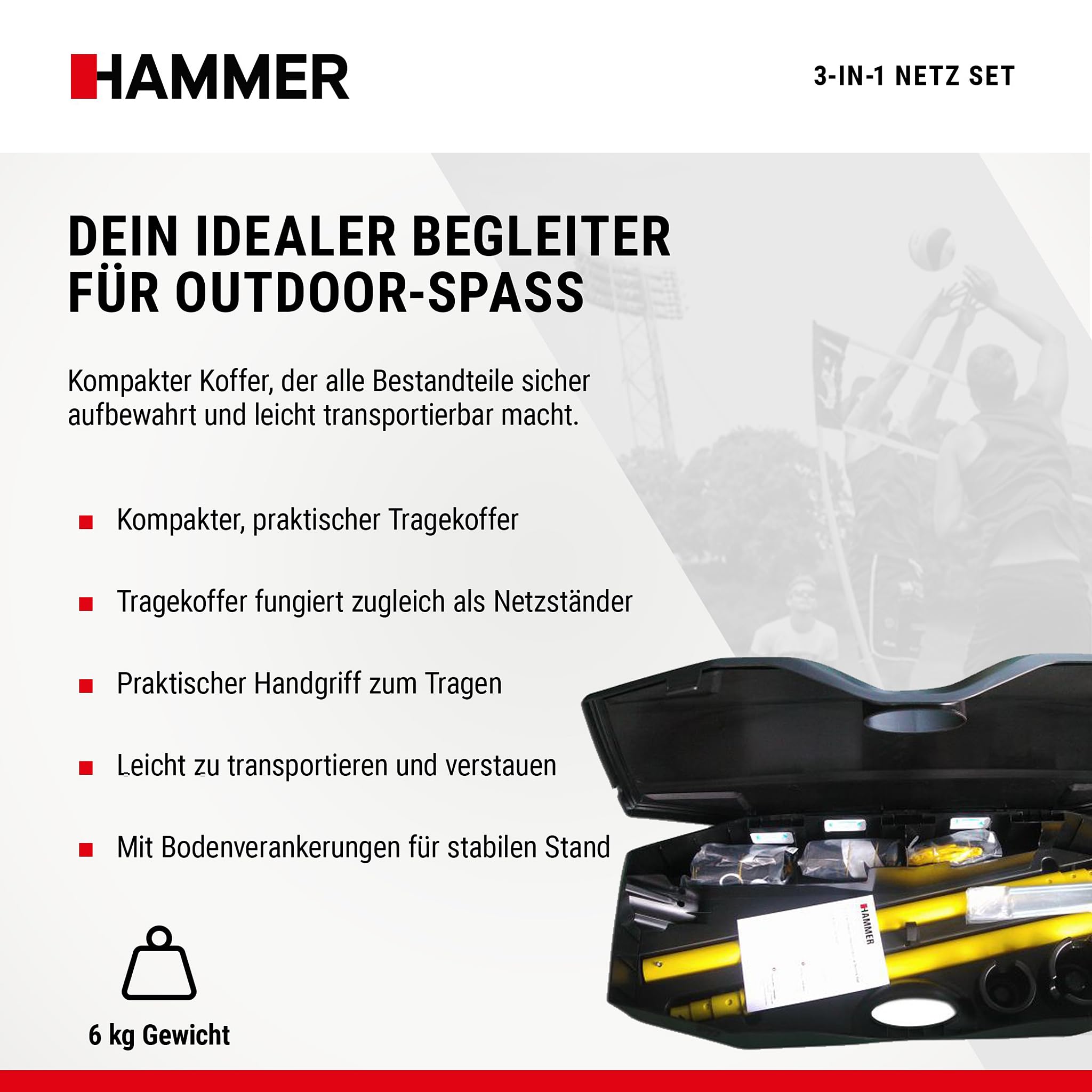 HAMMER 3 in 1 Netz Set für Volleyball, Badminton & Tennis, Spaß für jung und alt, mit Tragekoffer/Pfostenständer, leichter Aufbau, schnell verstaut und leicht transportiert