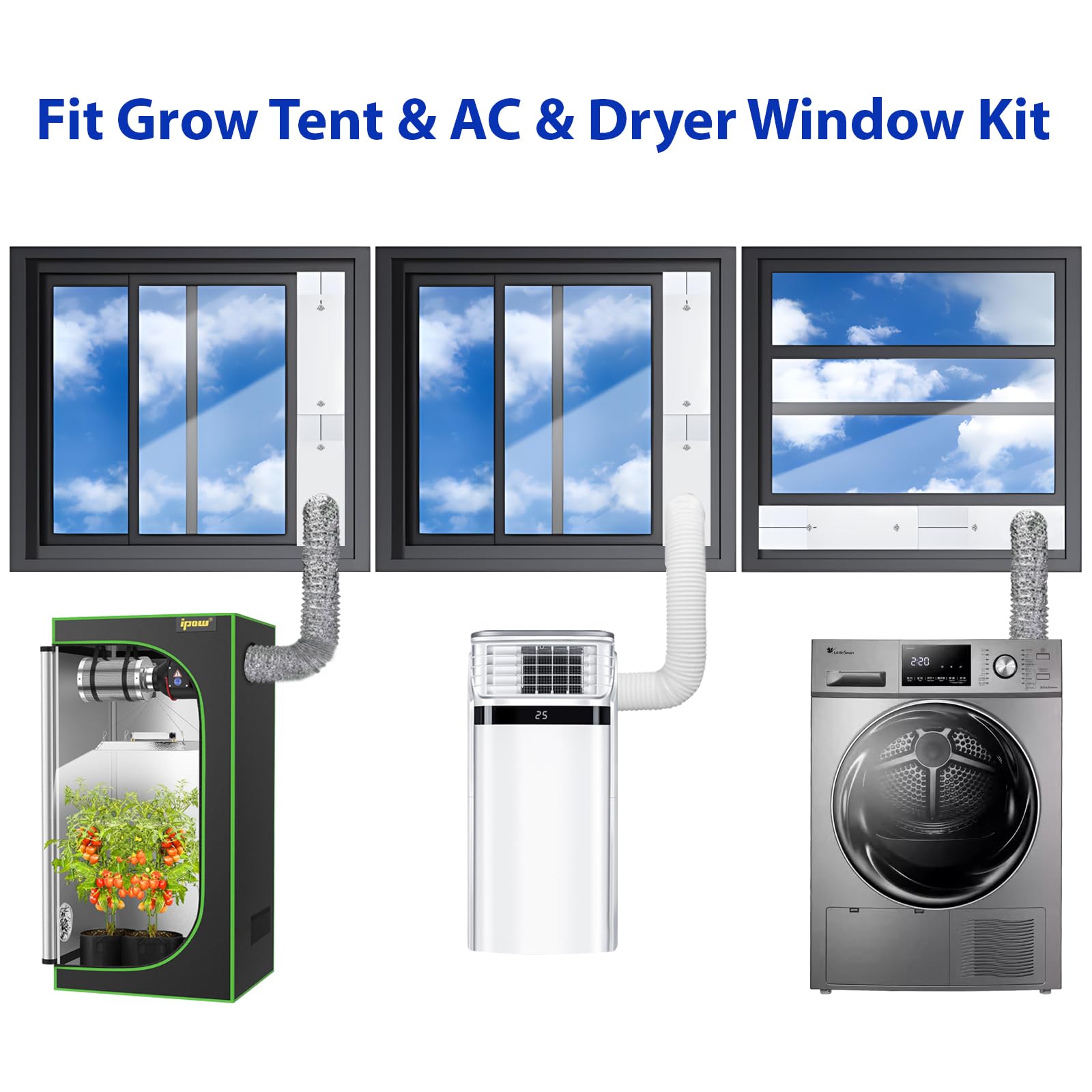 Fensterkanal-Set, Trockner-Fenster-Lüftungs-Set, passend für 10,2 cm / 15,2 cm Luftführungen und 13 cm / 15 cm Schlauch, tragbare verstellbare Schiebefensterdichtungen für HVAC-Kanäle,
