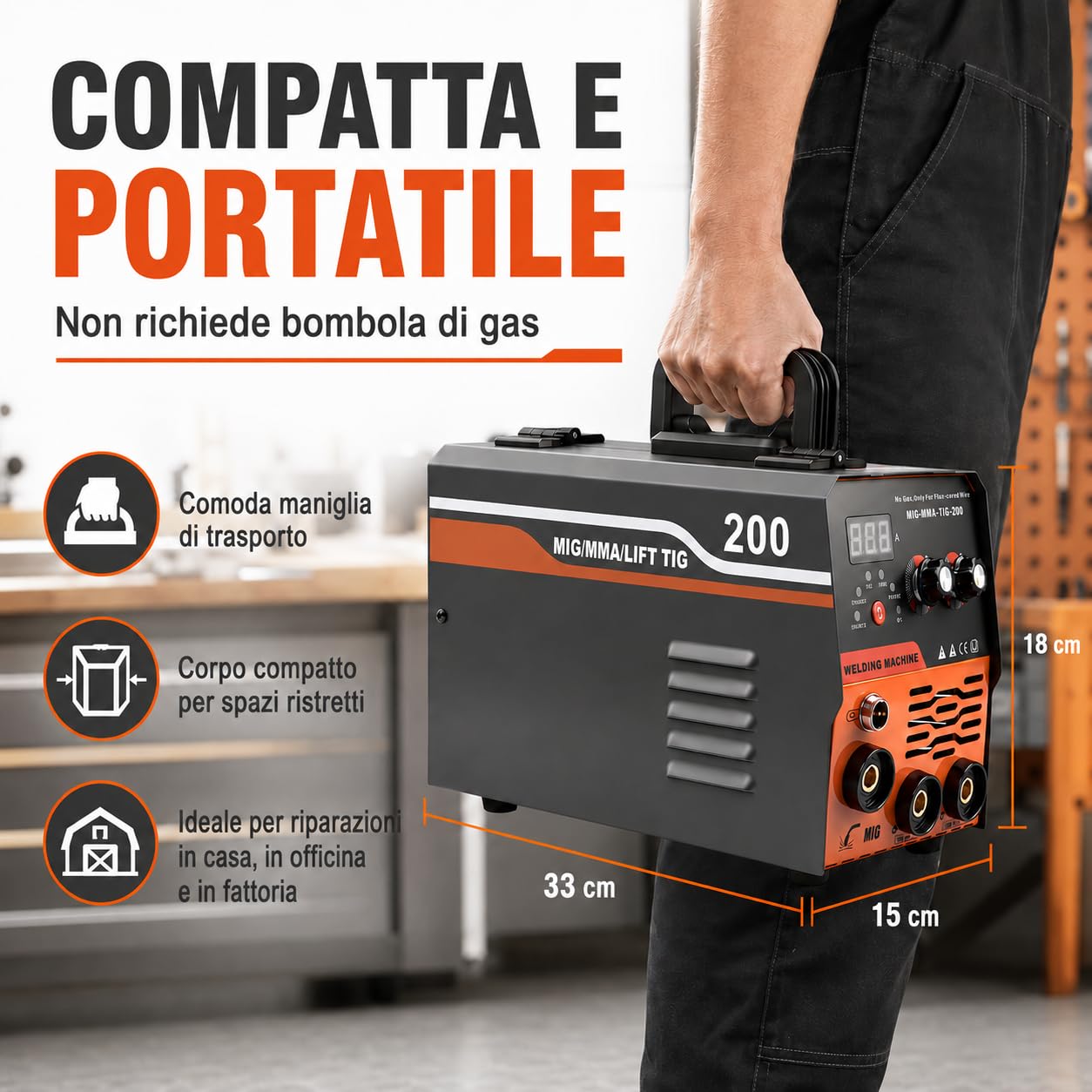 VOBOR Saldatrice a Filo Continuo Senza Gas 200A, 220v Sinergia Elettrodo Saldatrice 3 In 1 MIG/ARC/Lift TIG IGBT Inverter Saldatore con Filo 1,0 MM Rod,Pistola di Saldatura MIG