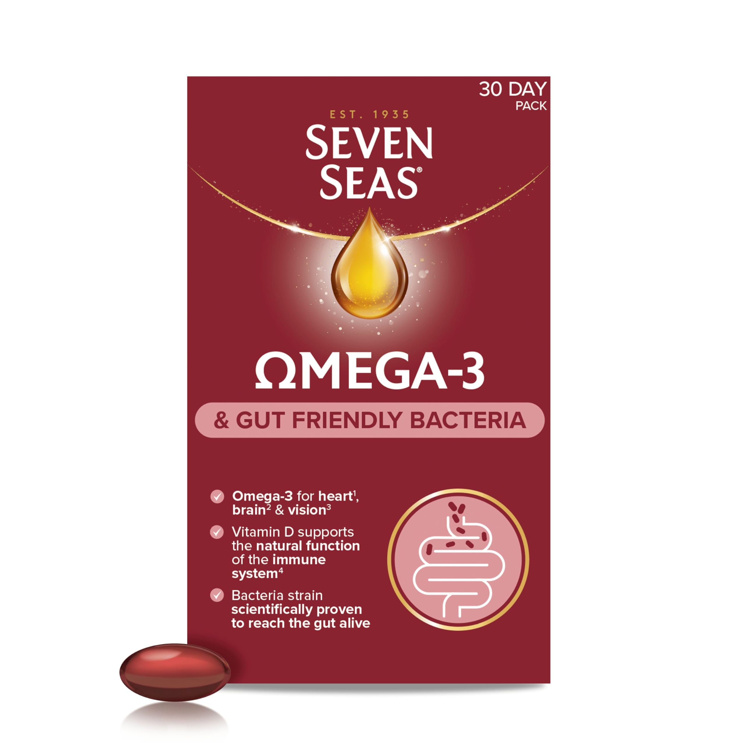 Seven Seas Omega 3 & Gut Friendly Bacteria With Vitamin D & Bacillus Subtilis 30 Capsules