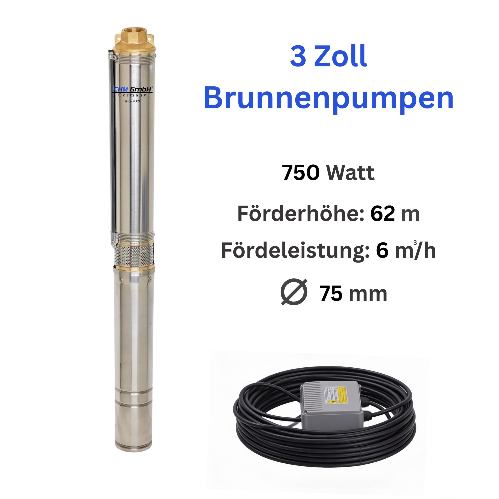 Tiefbrunnenpumpe 3 Zoll Ø 8,5 cm, Brunnenpumpe 750 Watt 5800 L/h 6 Bar Tauchpumpe 3% sandverträglich…