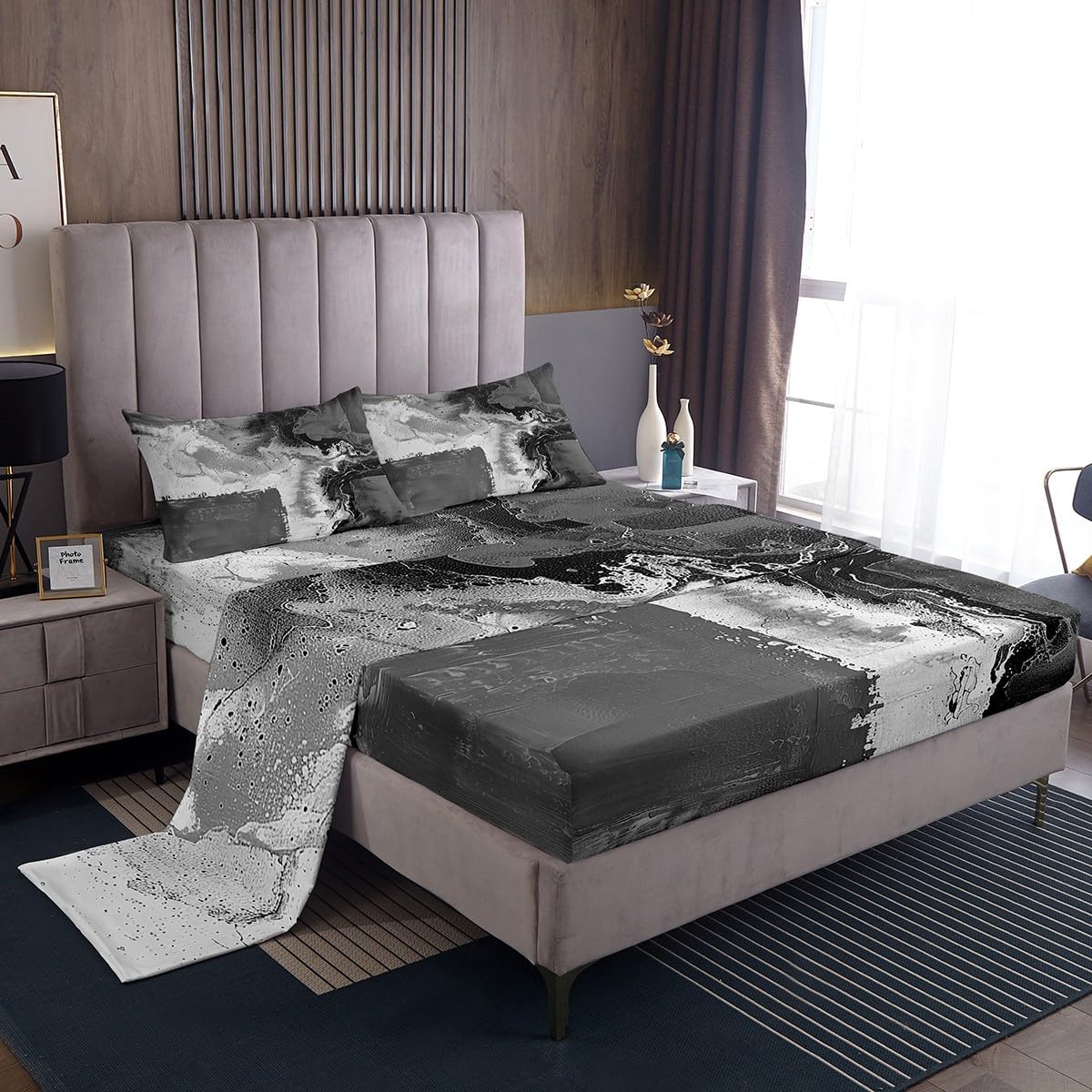 jejeloiu Abstract Bed Sheets Set Twin Size Modern Abstract Art Bed Set for Kids Boys Girls Luxury Deep Pocket Fitted Sheet Geometric Breathable Soft Lightweight Microfiber Balck Gray