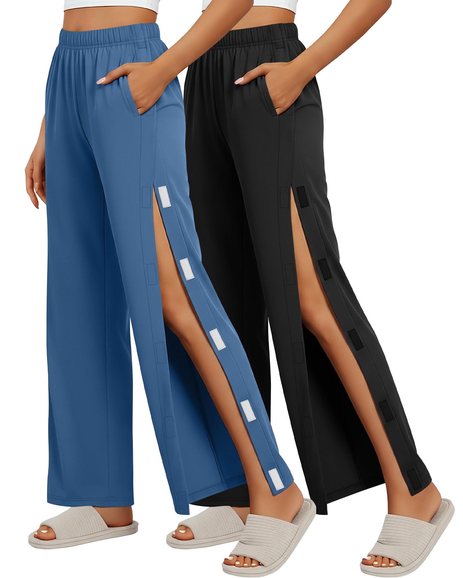 2 Pack Women's Tear Away Pants Side Full Open Post Surgery Sweatpants Breakaway Adaptive Casual Pants with Pockets
