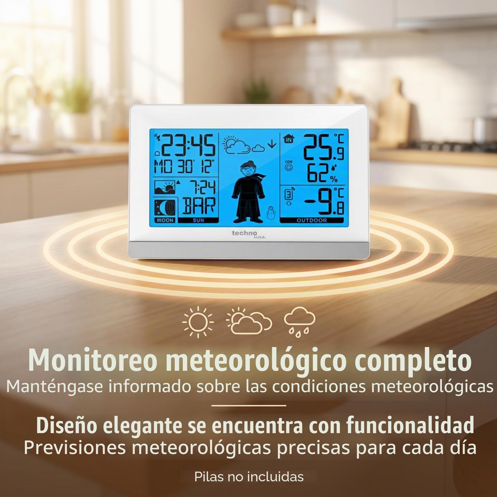 Technoline WS9612 en blanco, con temperatura interior y exterior, pronóstico meteorológico, reloj inalámbrico