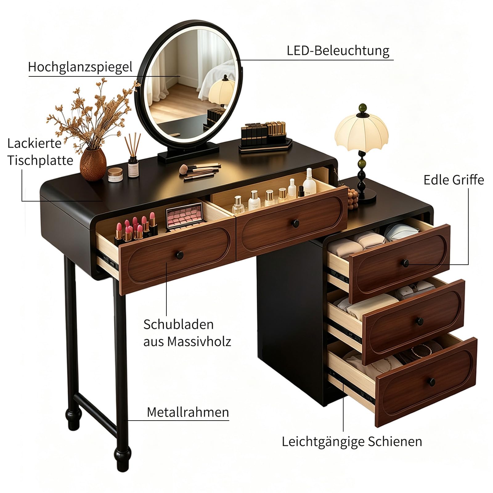 Schminktisch mit Spiegel, 360° Drehbarem, Flexible Montage