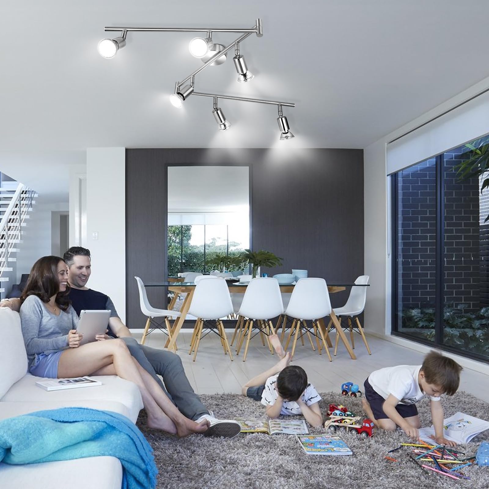 wowatt Faretti da Soffitto 6 Luci LED Lampadina Gu10 Bianca Fredda 6000K 5W | Lampadario Faretti Orientabili Cromati, Binario Lampada LED Soffitto Moderna per Soggiorno, Cucina, Corridoio, Salotto, Bagno