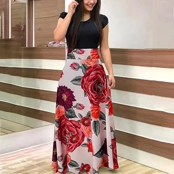 BORAMAX Women Maxi Dress Boho Short Sleeve Waisted Floral Maxi Dresses Casual Long Dresses Cocktail Party Swing Maxi Dress