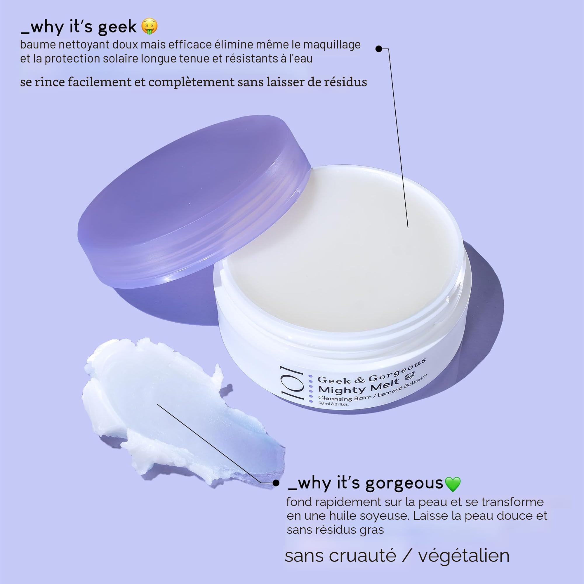 Geek & Gorgeous - Mighty Melt Cleansing Balm - Baume Nettoyant à Fusion Puissante - Baume de Nettoyage doux pour le visage, pour tous les types de peau et sensibles, 98 ml