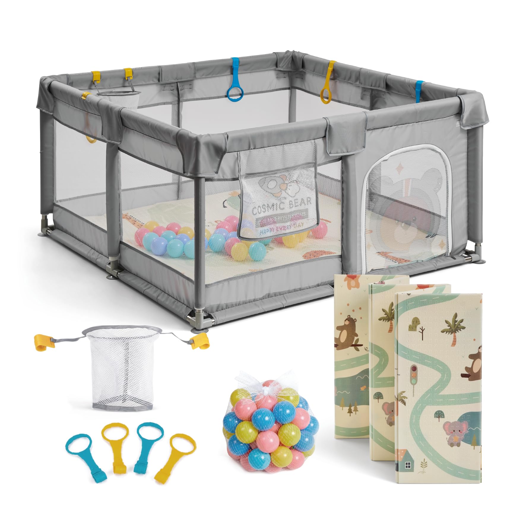 Buddy Baby Park- Parque Infantil Bebe 120x120cm + Alfombra + Agarraderas + Canasta + Bolas – Corralito Bebe con Malla Transpirable – Parque de Juegos Bebe Plegable con Puerta Lateral (Gris Marengo)