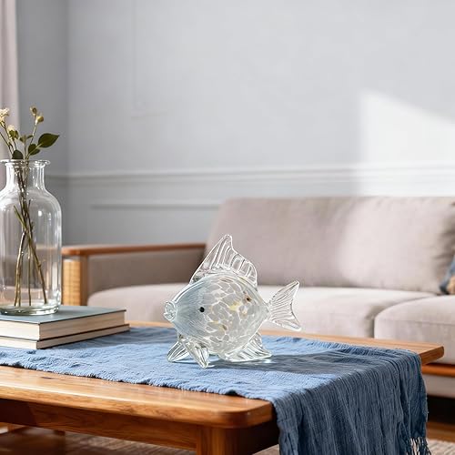 Miniatura 4 de Figuras grandes de peces de vidrio soplado a mano, arte de vidrio marino para acuario, escultura de estatua de pez azul y blanco, acento costero