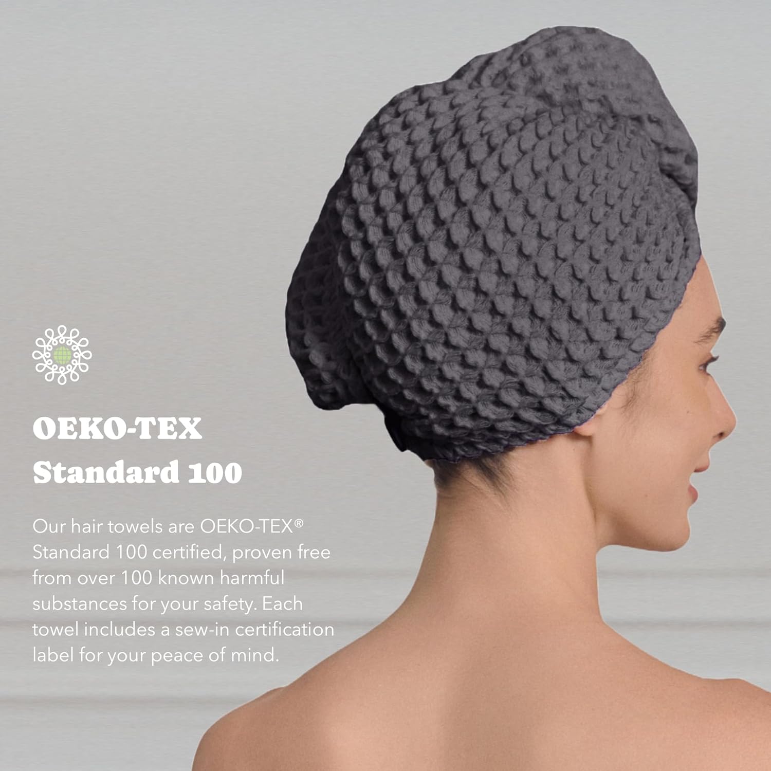 100% Organic Cotton Hair Drying Waffle Towel Wrap for Women | Absorbent & Quick Dry Head Turban for Wet Hair in Shower Sauna Spa, Extra Large for Long Straight Curly Plopping Button (Grey, 1 PACK)
