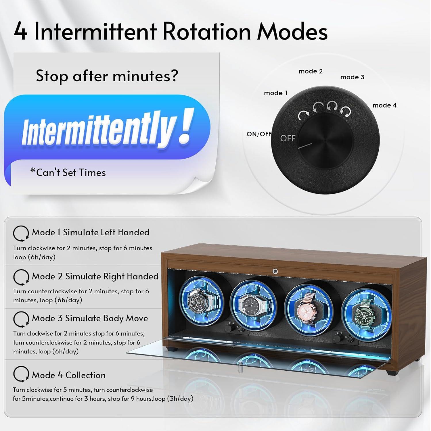Watch Winder, 4 Slots Automatic Watch Winders with Serenity Blue Backlight and Memory Foam Pad, Open Lid Tech, 4 Modes (Adapter Not Included)