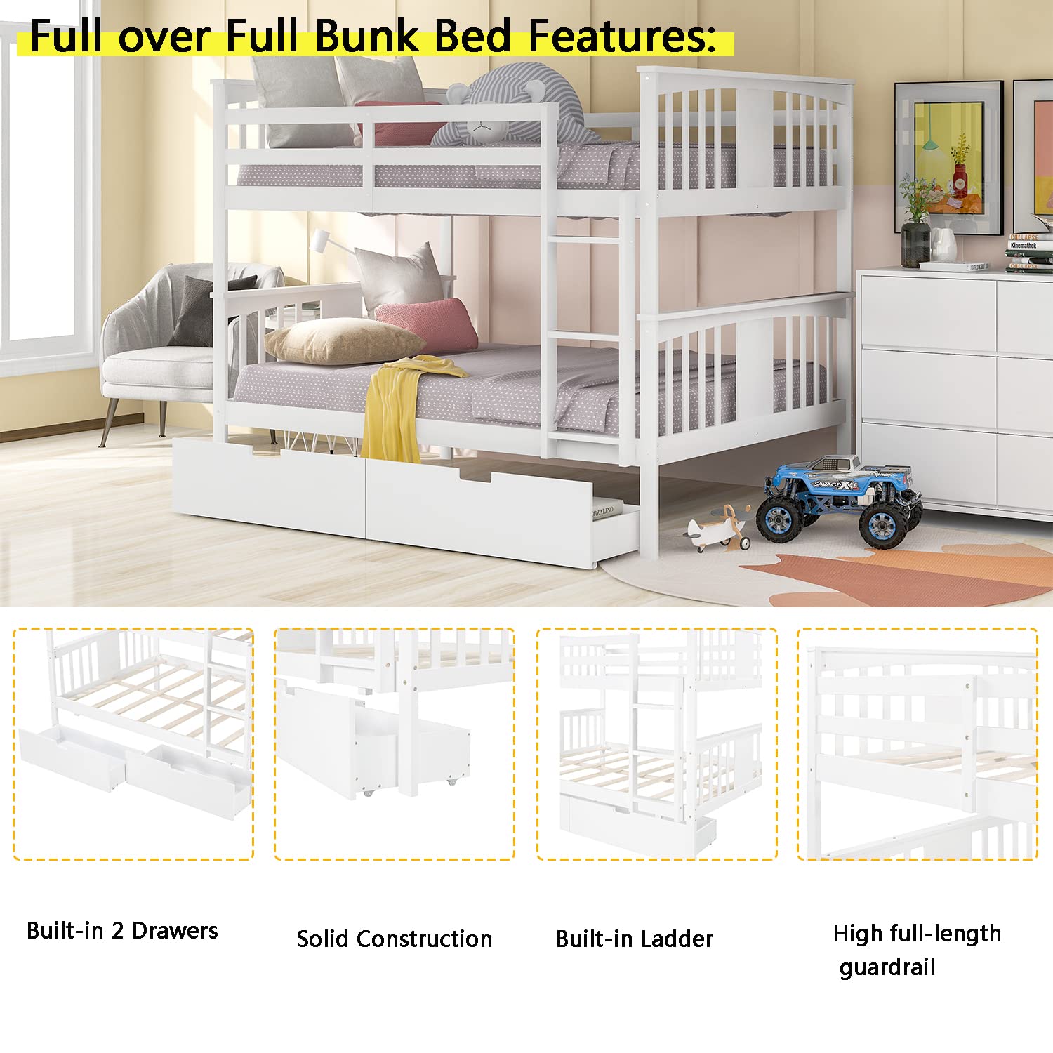 Full Over Full Bunk Beds with 2 Drawers for Kids Teens Adult, Detachable Wood Full Bunk Bed Frame for Boys Girls Women Men, White- INCOMPLETE 