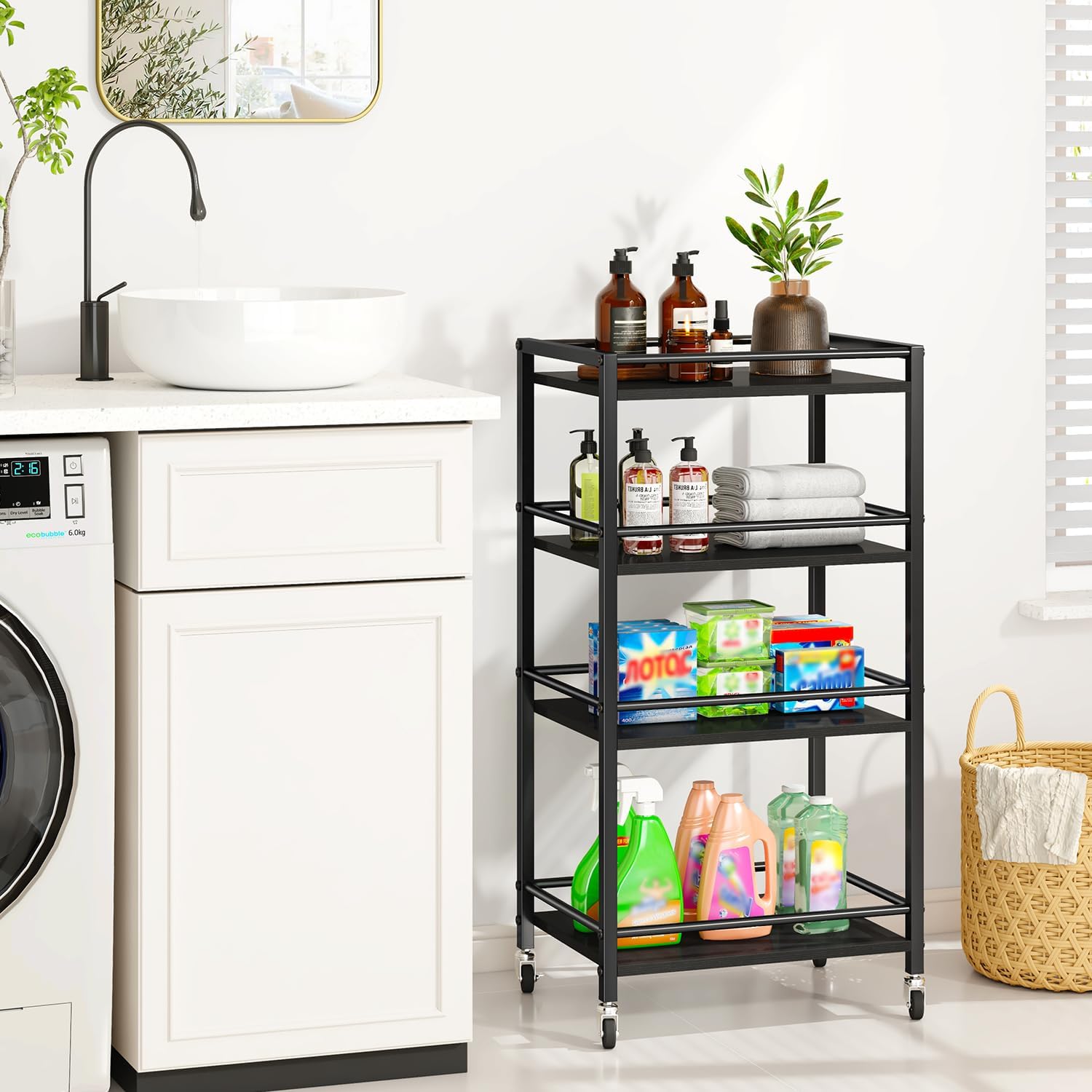 IBUYKE Industrial Bar Storage Cart, Mobile 4-Tier Shelf, Bedroom, Living Room & Bath Black TMJ419B