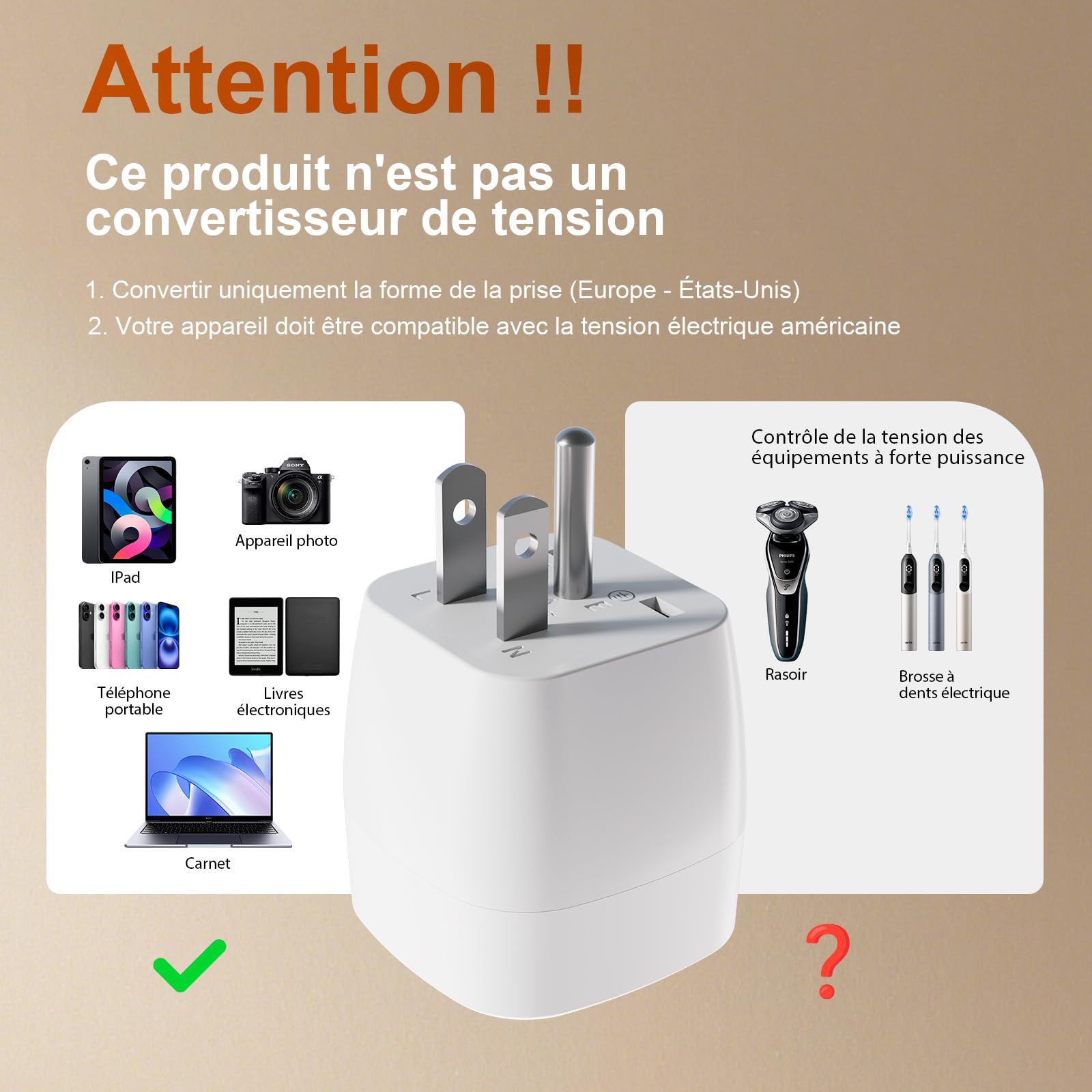 GRIFEMA Adaptateur Prise USA, Fiche France vers États-Unis Canada Mexique Thaïlande Type B, Connecteur de Voyage avec Maintien Ferme, Matériau Ignifuge PC, 250V 10A, 2 Pièces